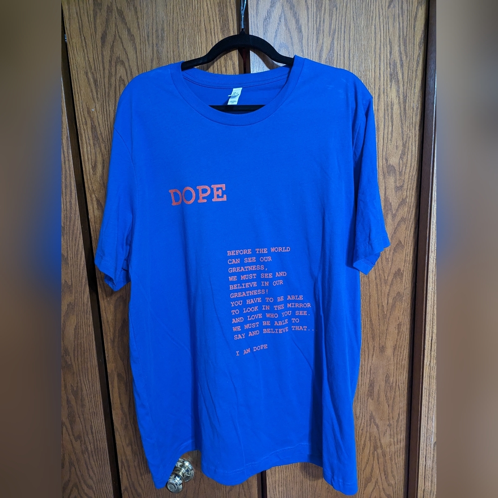 XXL Unisex Bella Canvas t-shirt with inspirational print. Blue with orange print